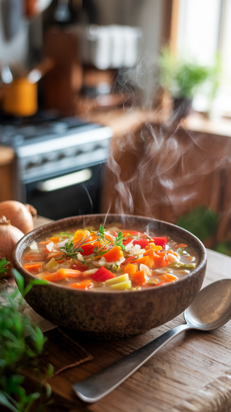 A bowl of hearty cabbage fat-burning soup with colorful vegetables, steaming, on a wooden table.